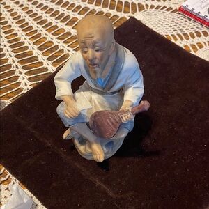 Vintage America Ceramic Figurine with Lute in Cream and Brown